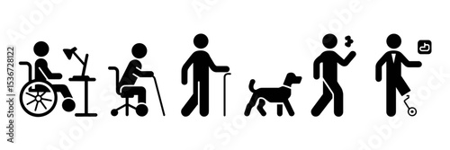 Vector icons of disabled people with assistive devices in everyday settings – Great for inclusion, rehabilitation, and medical content