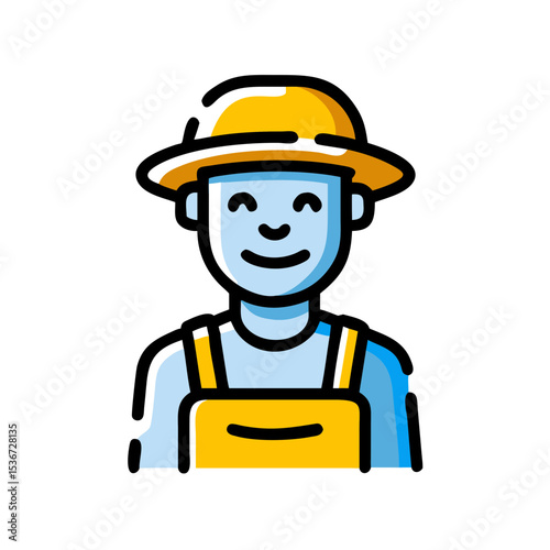 Cheerful farmer wearing yellow hat and overalls smiles while working outdoors in a sunny environment