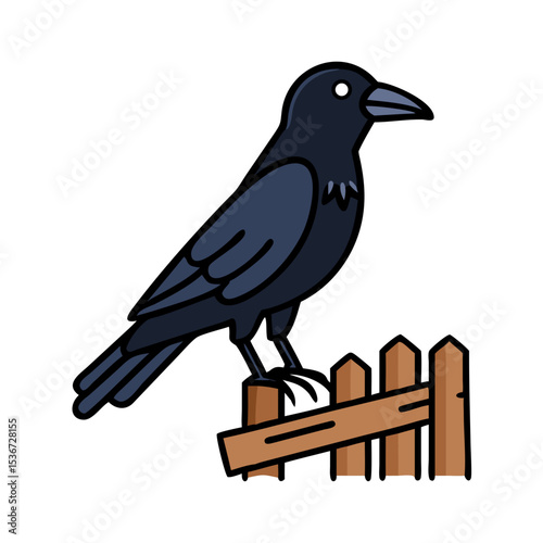 Black crow perched on wooden fence in a rural setting during bright daylight