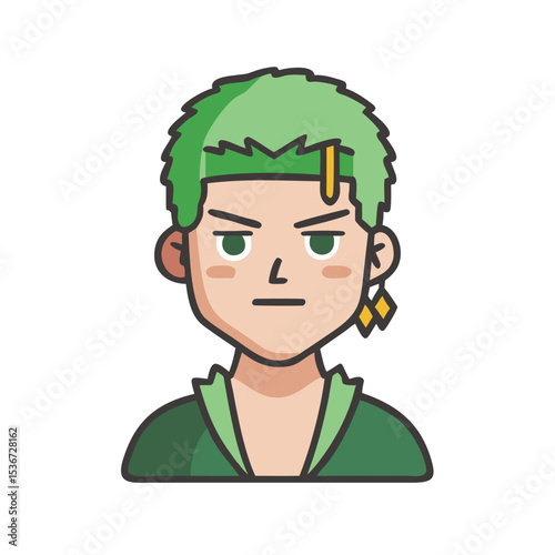 Cartoon character with green hair and serious expression in a simple design showcasing bold features and hairstyle