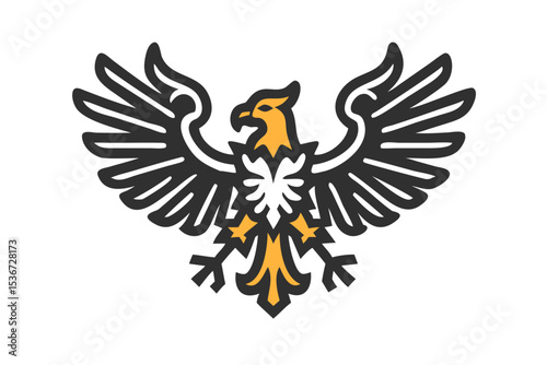 Symbol of a mythical bird with wings spread wide, designed in black and gold against a plain background