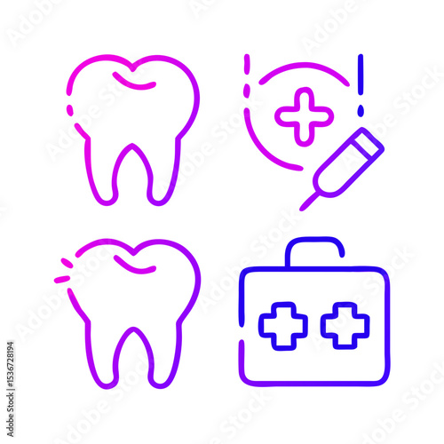 Dental care icons illustrating oral hygiene, treatment, and health in a modern design