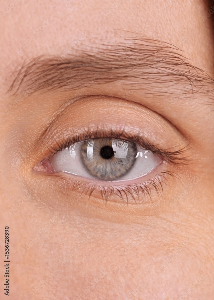 Obraz premium Vertical Screen. Gaze. Beautiful blue eye of smiling woman looking at camera. Extreme close-up of female eye, happy optimistic view. Macro eye. Beautiful people. Concept of joy, hope, inspiration.