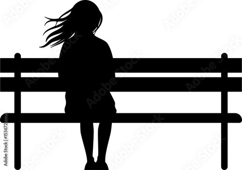 Woman silhouette sitting alone on a park bench. Feeling of loneliness, sadness and contemplation. Simple graphic for design element.