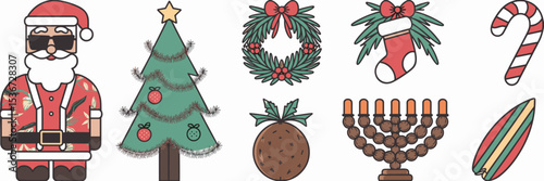 Tropical holiday icon sheet with Christmas tree and menorah on white background