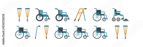 minimalist vector mobility aid icons showing wheelchairs walkers canes and crutches – great for healthcare branding, accessibility education, or rehabilitation content