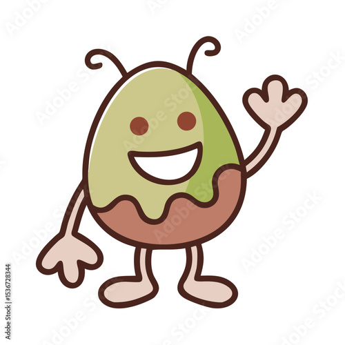 Cartoon character resembling an avocado waves cheerfully in a playful design for children's entertainment or educational use