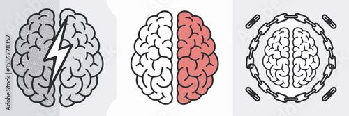 Alzheimer's disorder brain icons with lightning bolt and broken chain – Useful for dementia awareness, healthcare communication, or senior care materials.