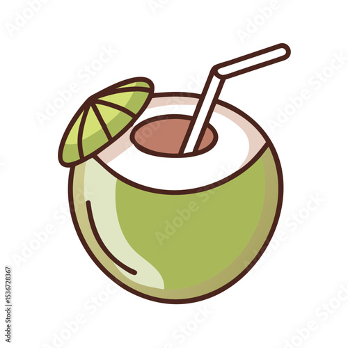 Refreshing coconut drink served with a straw and a decorative umbrella on a sunny beach day