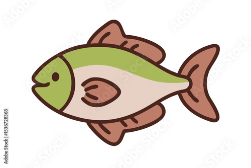 Colorful cartoon fish with green and brown details swimming happily in a playful underwater setting