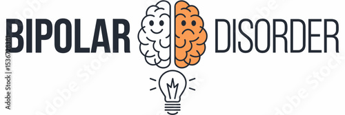Bipolar disorder vector icon with brain halves showing happy and sad faces and lightbulb spark – Perfect for mood disorder campaigns, mental health branding, or emotional balance topics.