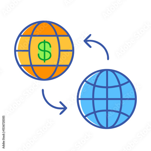 Global currency exchange symbol featuring two stylized globes and dollar sign representing financial transactions