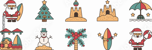 Beach-themed Christmas icons on white background in festive vector style
