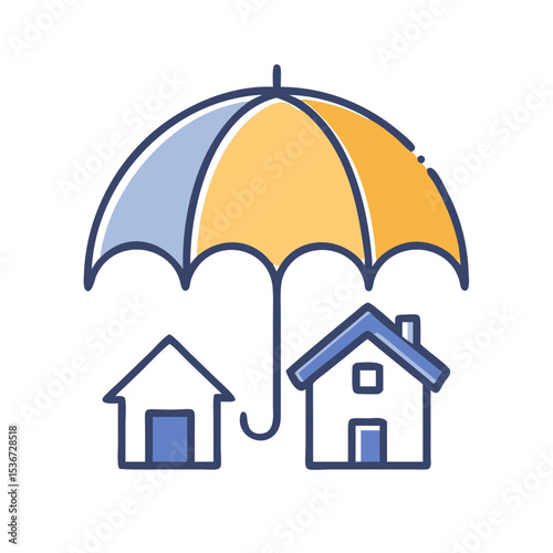 Colorful umbrella providing protection over two houses representing safety and security in housing