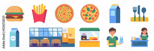 School cafeteria icons with food items and staff – Great for educational infographics, lunchroom posters, or school planning