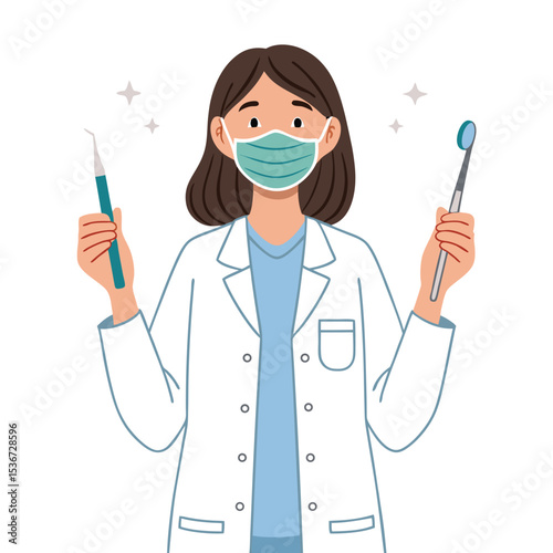flat color vector of female dentist holding tools