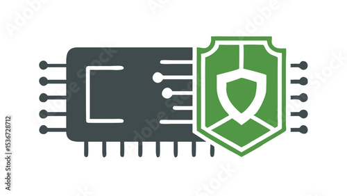 Modern computer chip illustrating cybersecurity with a protective shield symbolizing digital safety and technology advancement