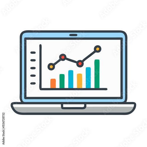 Laptop displaying colorful growth chart with rising trend lines in a business context