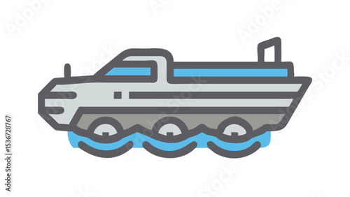 Military amphibious vehicle traverses water with land capabilities near a coastal area