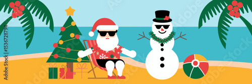 Santa relaxing on beach in tropical Christmas icon sheet with tree and snowman