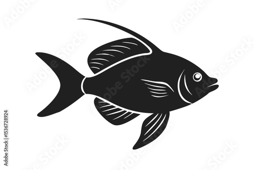 Black silhouette of a fish swimming gracefully in water during a peaceful underwater scene in a minimalist style