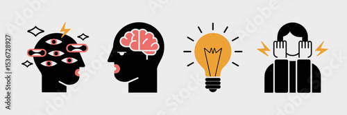 Psychosis disorder vector icons with multiple eyes and bright idea lightbulb – Perfect for mental health content, psychosis education, or medical presentations.