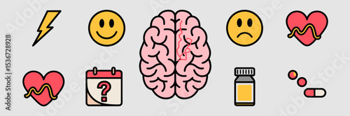 Vector icons sheet showing bipolar disorder symptoms and treatment – Suitable for medical, mental health, and therapy resources
