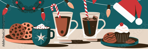 Festive vector illustration of holiday desserts and drinks with Christmas decor