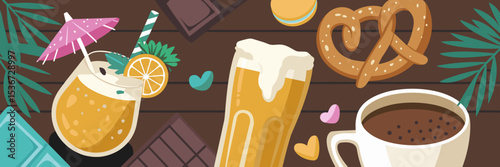 Vector illustration of summer holiday snacks and drinks on wooden background