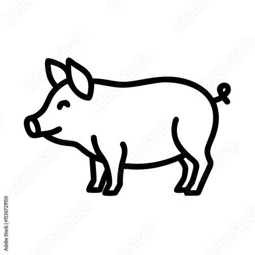 Cute pig standing in a simple line drawing style on a white background, showcasing its cheerful expression and rounded form