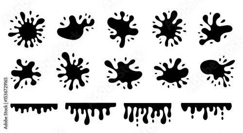 Water splashes and drops. Liquid elements. Set of different blobs and blots for water, ink, blood, paint.