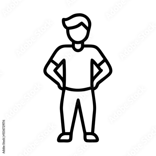 Standing man with hands on hips in a minimalistic style, showing confidence and readiness for action outdoors during the day