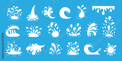 Milk splashes and drops. Splash silhouette with droplets. Set of splashes and drops for milk, yogurt, cream.