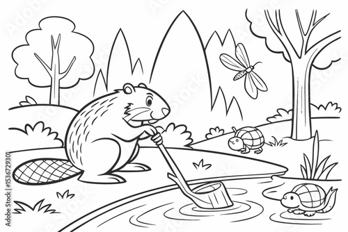 coloring book page of a busy beaver building a large dam on a forest river, creating a new pond, other animals like a turtle and a dragonfly are enjoying the new water, simple trees in the background,