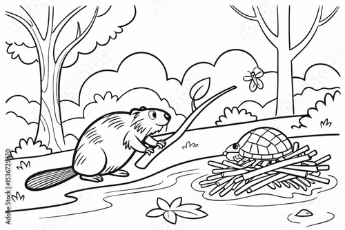coloring book page of a busy beaver building a large dam on a forest river, creating a new pond, other animals like a turtle and a dragonfly are enjoying the new water, simple trees in the background,