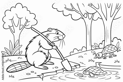 coloring book page of a busy beaver building a large dam on a forest river, creating a new pond, other animals like a turtle and a dragonfly are enjoying the new water, simple trees in the background,