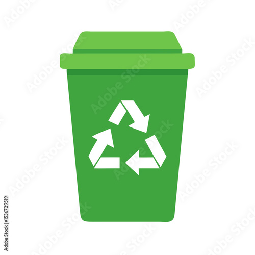Bright green recycling bin with recycle symbol displayed prominently in a clean, urban environment