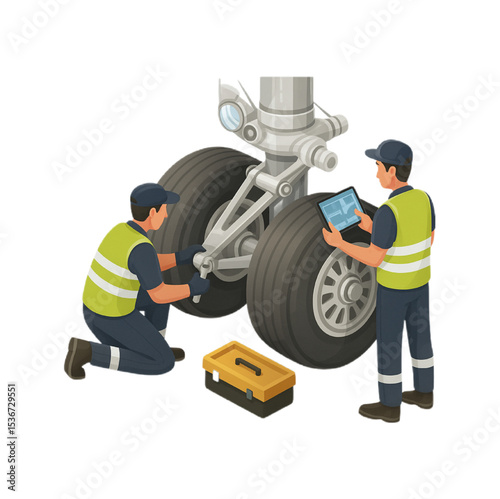 Aircraft Maintenance Technicians Inspecting Airplane Landing Gear System for Safety and Functionality
