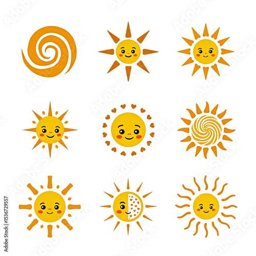 Adorable Sun Icons Set Perfect for Branding Design Projects Childrens Books and Summer Themes