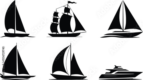 Collection of Black and White Boat Silhouettes Featuring Sailboats and a Yacht