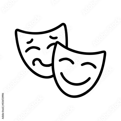 Two theater masks representing comedy and tragedy with simple outlines showcasing performing arts symbols