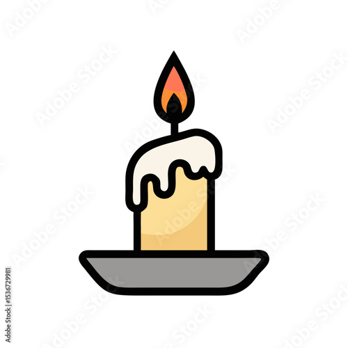 Warm candle with melting wax illuminated on a simple plate creating a cozy atmosphere in a dimly lit room
