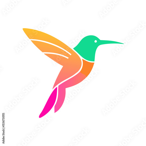 Colorful hummingbird silhouette with gradient hues soaring against a white background