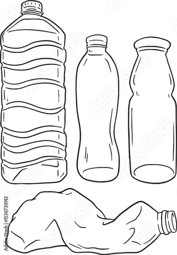 Set of plastic bottles in various states, including full, empty, and crushed, rendered in a clean line art style. Ideal for illustrating concepts of recycling, waste, environmental pollution, beverage