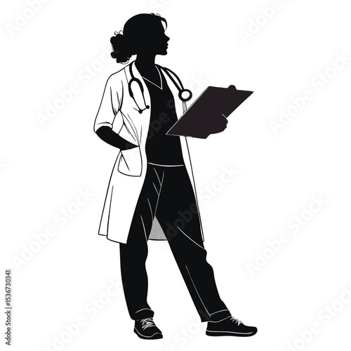 female doctor silhouette holding clipboard