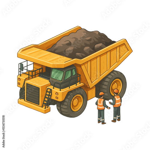 Large yellow mining dump truck loaded with ore and two workers inspecting it, industrial machinery illustration