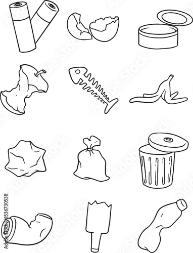 Diverse collection of doodle-style waste items, including batteries, food scraps, cans, paper, and plastic. This set is ideal for illustrating recycling, waste sorting, environmental issues.
