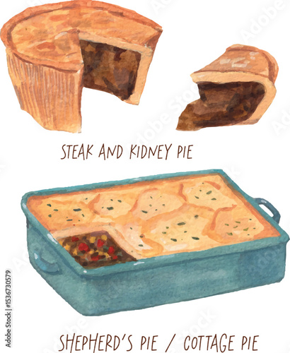 English Pies: steak and kidney pie, shepherd's pie watercolor illustration. Cute realistic colorful paintings for menu and decoration. English famous cuisine arts. Tourism culture heritage. 