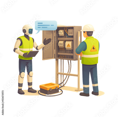 Robot and Electrician Inspecting Electrical Panel Automation Technology Maintenance