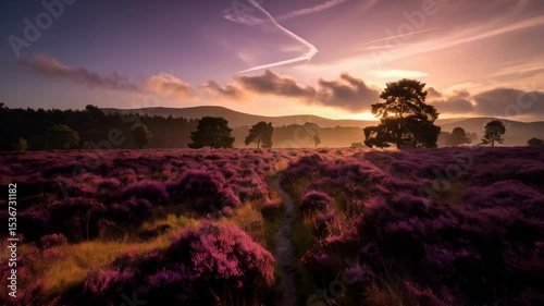 Tranquil heathland landscape with blooming heather and trees at dawn, illuminated by soft sunlight casting shadows across the hills